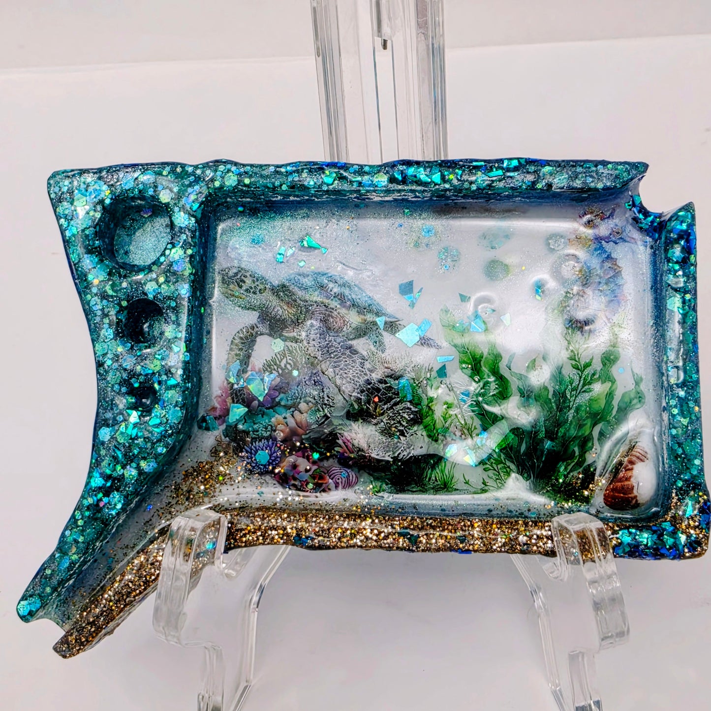 Handmade Ocean Resin Rolling Tray – Sea Turtle Coral Reef | Teal Blue Glitter Gold Sand | Hand Sized Unique Shape | Savage Studio Creations