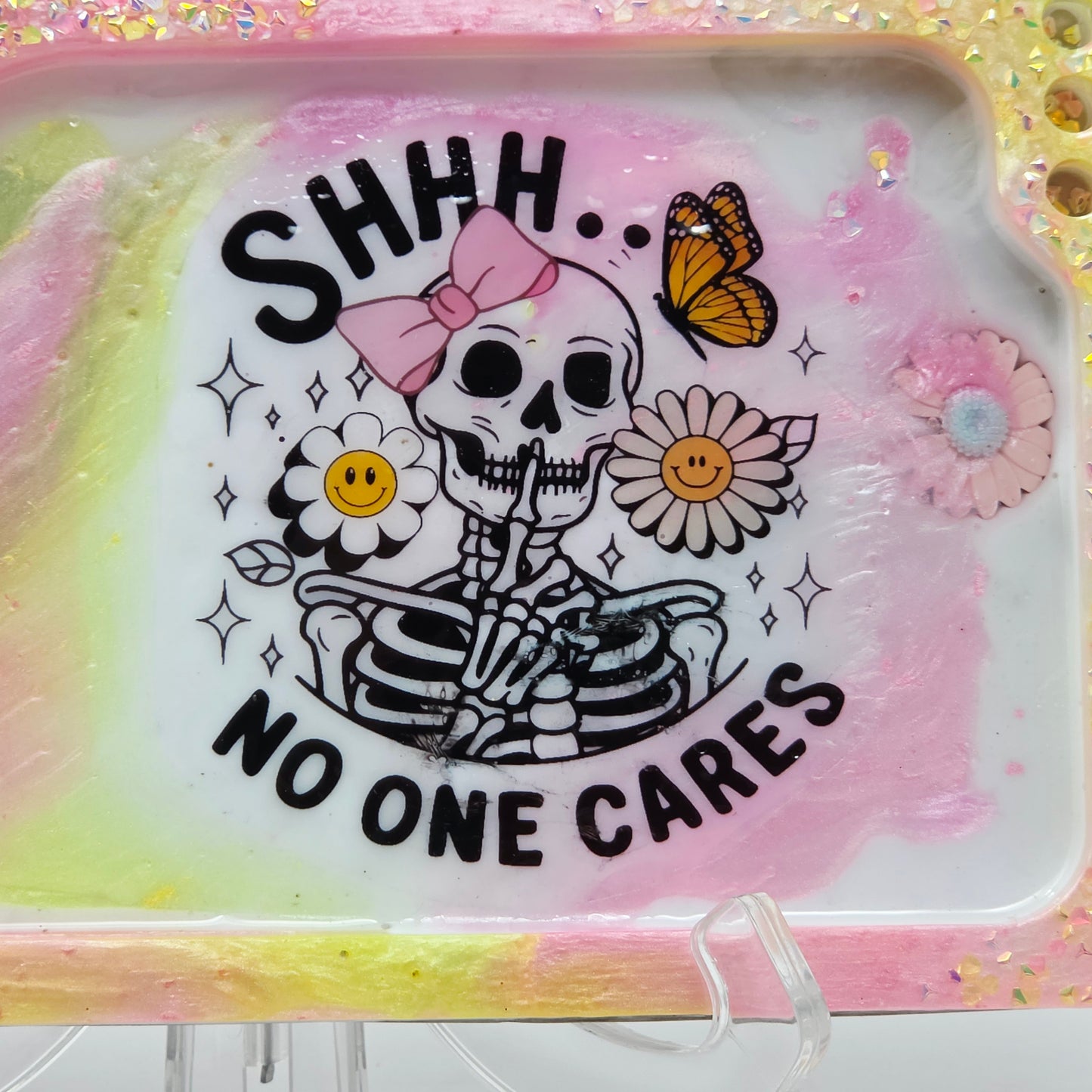 Handmade Resin Rolling Tray Set – Shhh No One Cares Skeleton | Pink Yellow Black Pearl Glitter | Butterflies + Tray & Ashtray Set | Savage Studio Creations