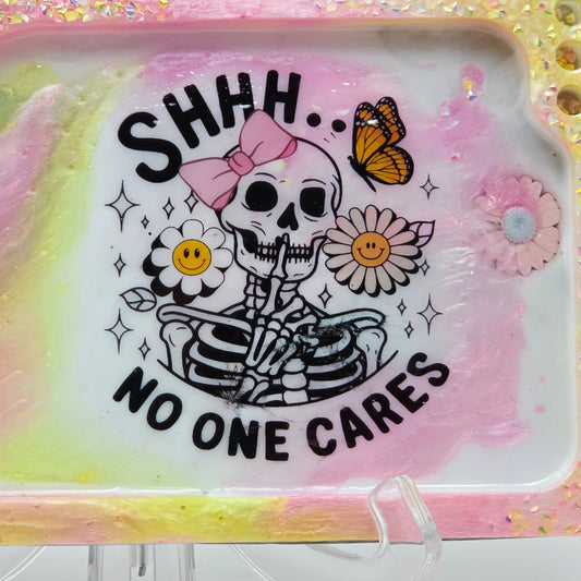 Handmade Resin Rolling Tray Set – Shhh No One Cares Skeleton | Pink Yellow Black Pearl Glitter | Butterflies + Tray & Ashtray Set | Savage Studio Creations