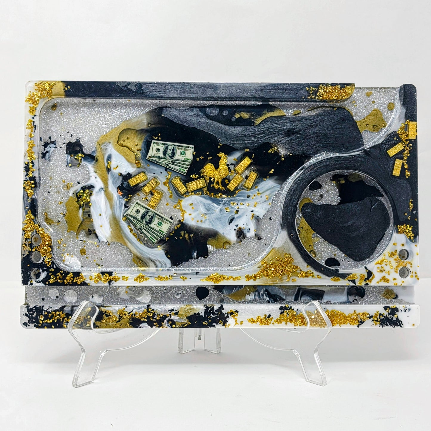Handmade Resin Rolling Tray Set – Black White Gold Bar | $100 Bill & Gold Rooster | 3-Piece Set with Ashtray + Pipe Rest | Savage Studio Creations