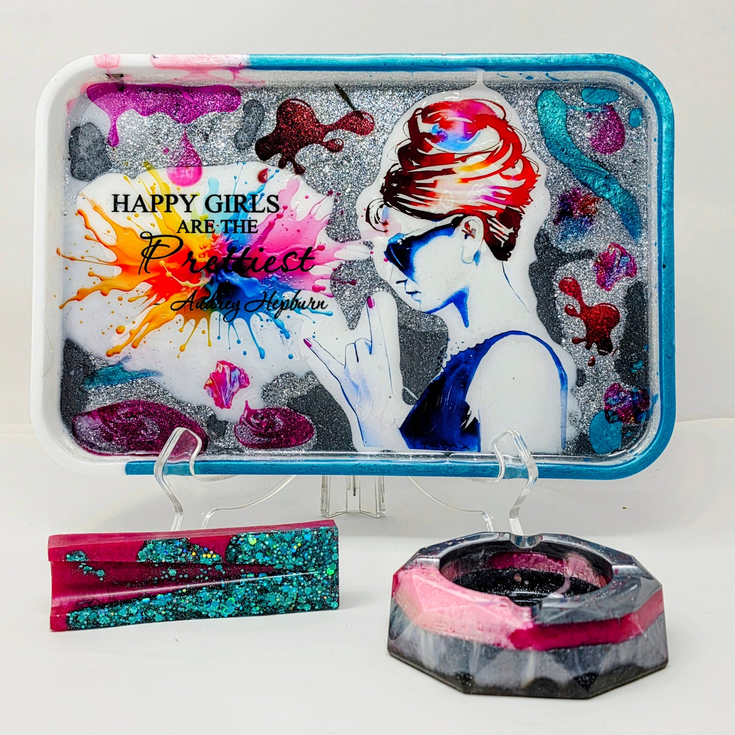 Handmade Resin Rolling Tray Set – Audrey Hepburn Happy Girls Are The Prettiest | Teal Pink Blue Splash | 3-Piece with Ashtray + Pipe Rest | Savage Studio Creations