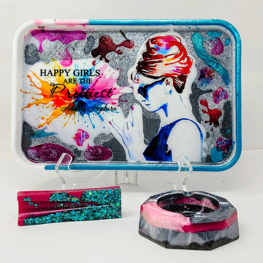 Handmade Resin Rolling Tray Set – Audrey Hepburn Happy Girls Are The Prettiest | Teal Pink Blue Splash | 3-Piece with Ashtray + Pipe Rest | Savage Studio Creations