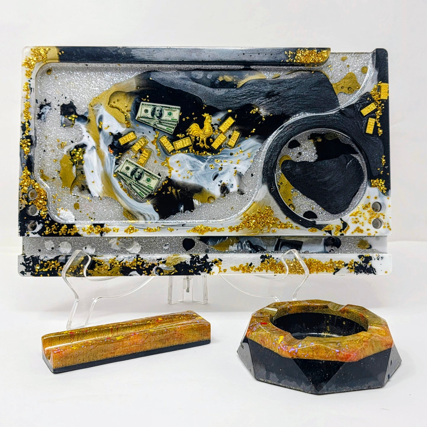 Handmade Resin Rolling Tray Set – Black White Gold Bar | $100 Bill & Gold Rooster | 3-Piece Set with Ashtray + Pipe Rest | Savage Studio Creations