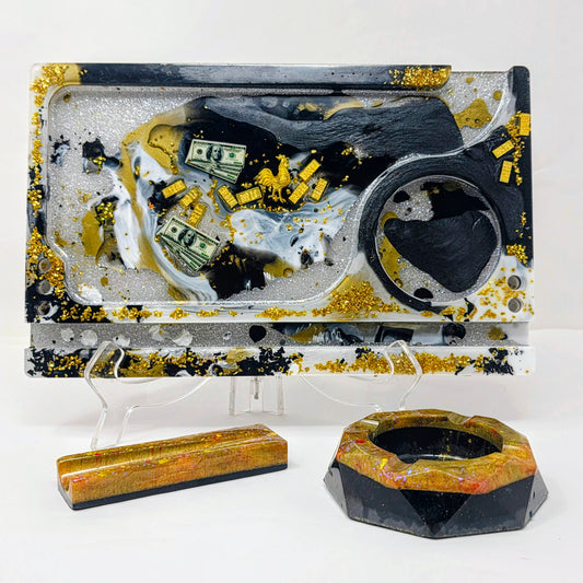 Handmade Resin Rolling Tray Set – Black White Gold Bar | $100 Bill & Gold Rooster | 3-Piece Set with Ashtray + Pipe Rest | Savage Studio Creations
