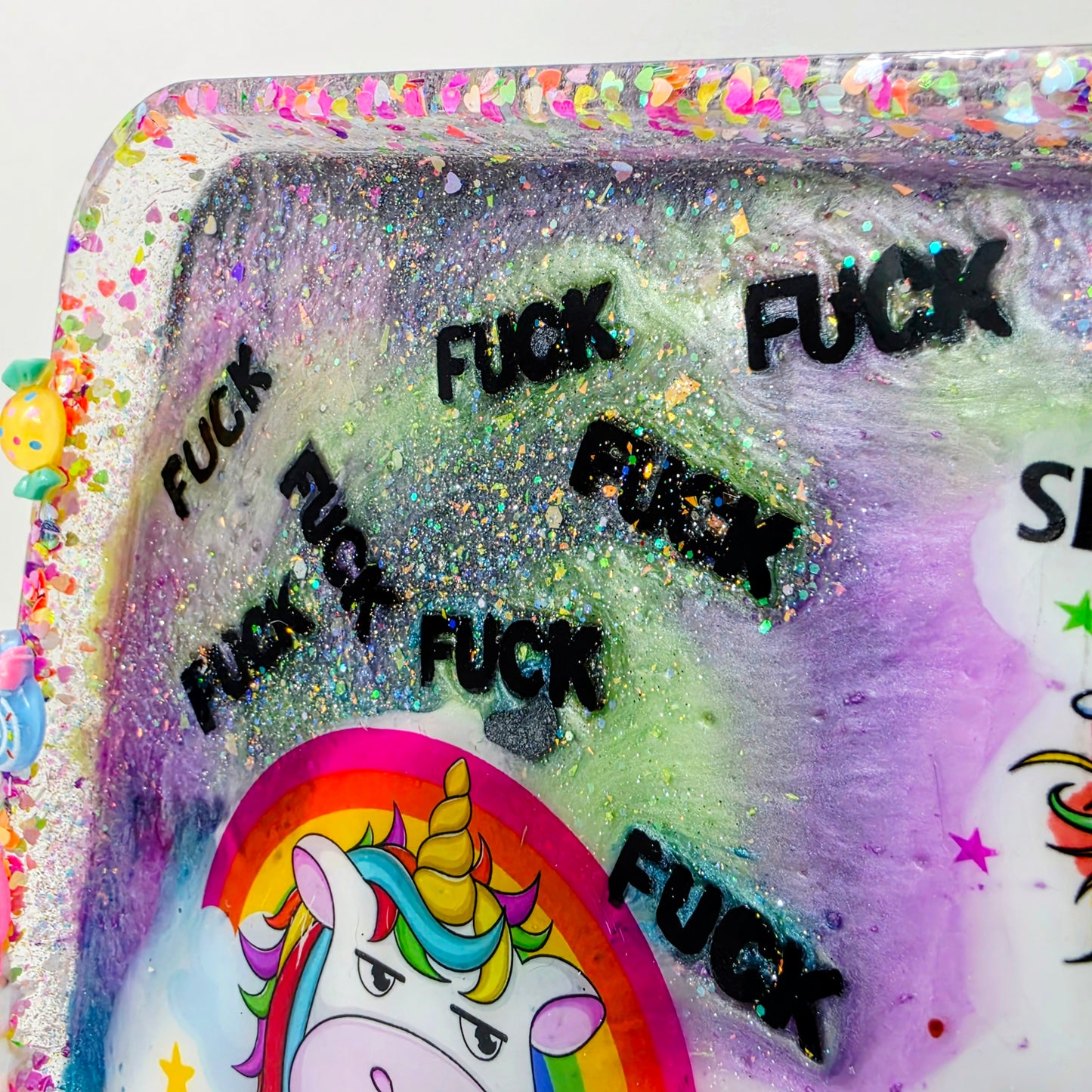Handmade Resin Rolling Tray Set – Snarky Unicorn | I Like Sparkly Things & the Word F*ck | Neon Galaxy Tray + Ashtray | Savage Studio Creations