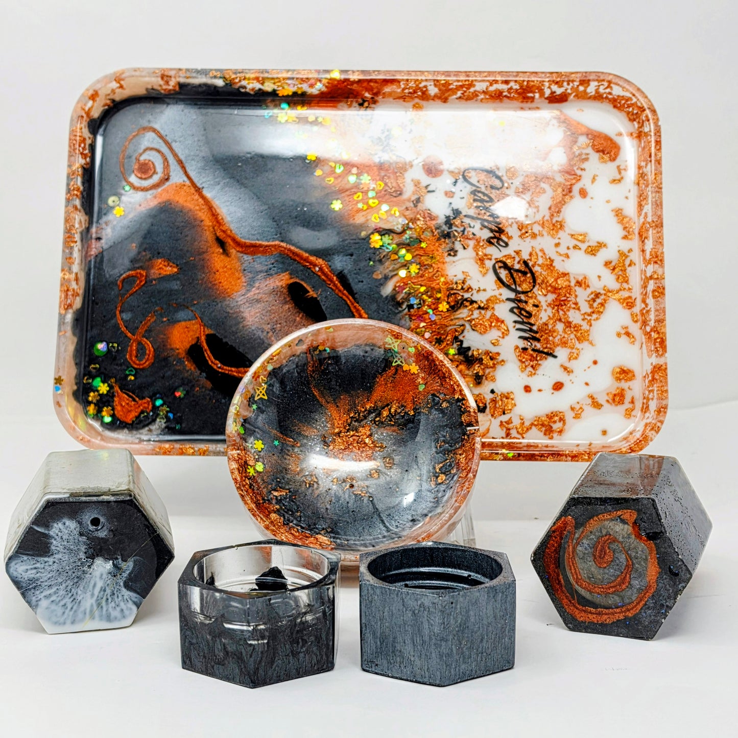 Handmade Resin Rolling Tray Set – Copper Black White Marble | Carpe Diem | 4-Piece Set with Ashtray, Jars + Pipe Rest | Savage Studio Creations