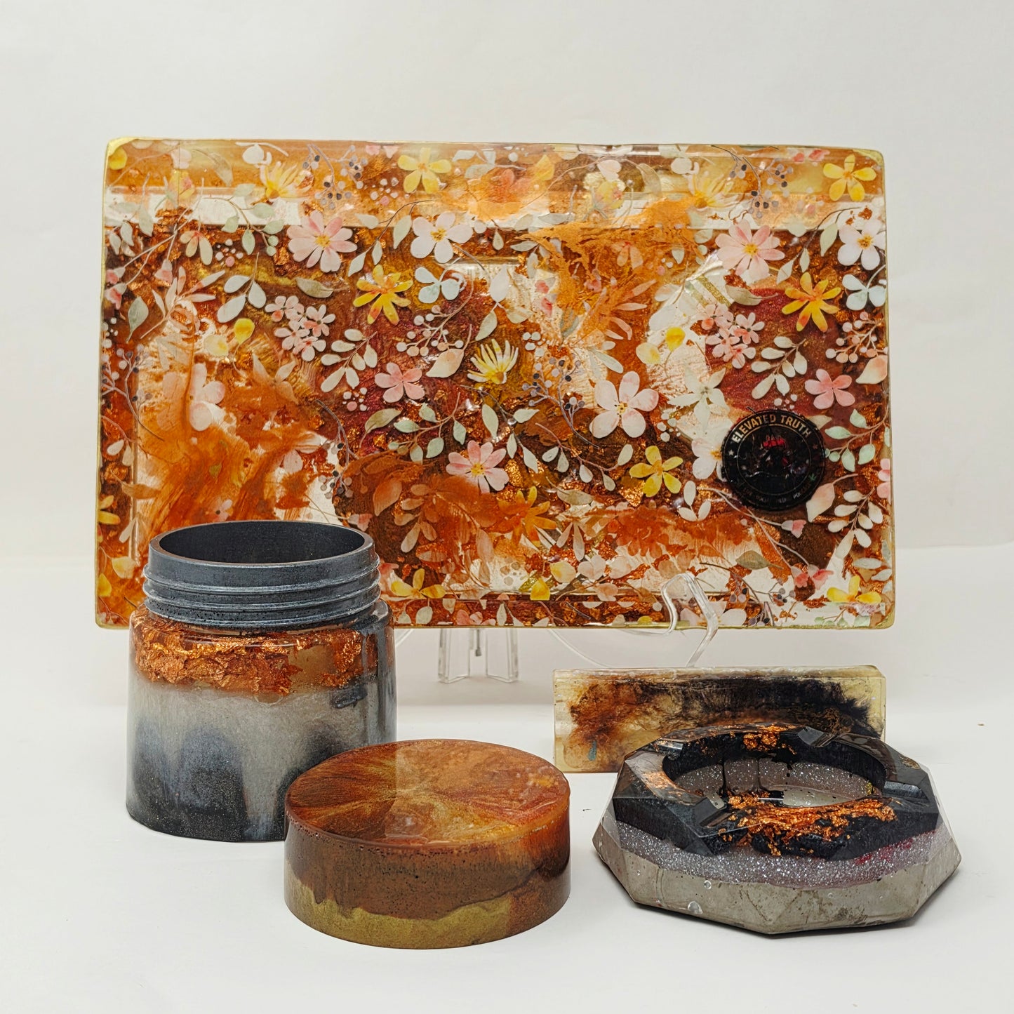 Handmade Resin Rolling Tray Set – Copper Grey White Floral | Give Without Remembering | 4-Piece with Jar Ashtray + Pipe Rest | Savage Studio Creations