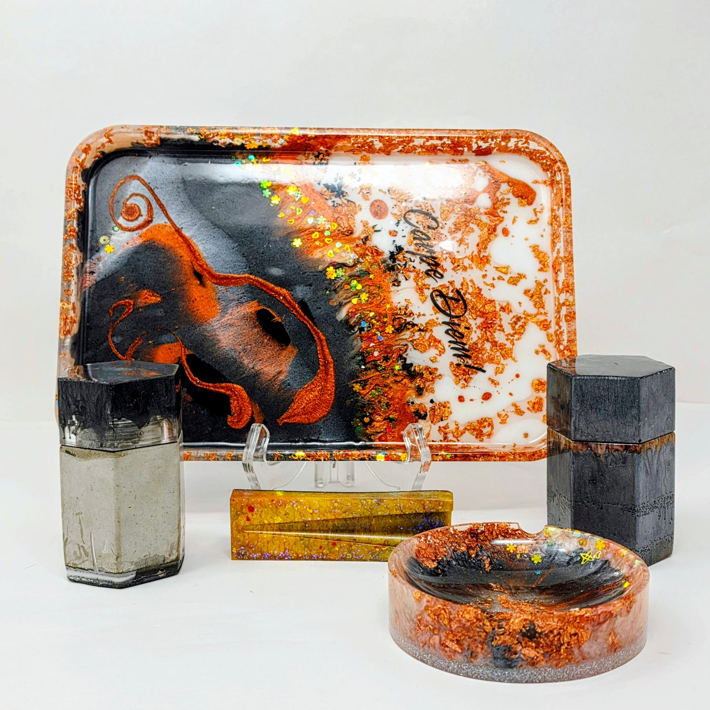 Handmade Resin Rolling Tray Set – Copper Black White Marble | Carpe Diem | 4-Piece Set with Ashtray, Jars + Pipe Rest | Savage Studio Creations