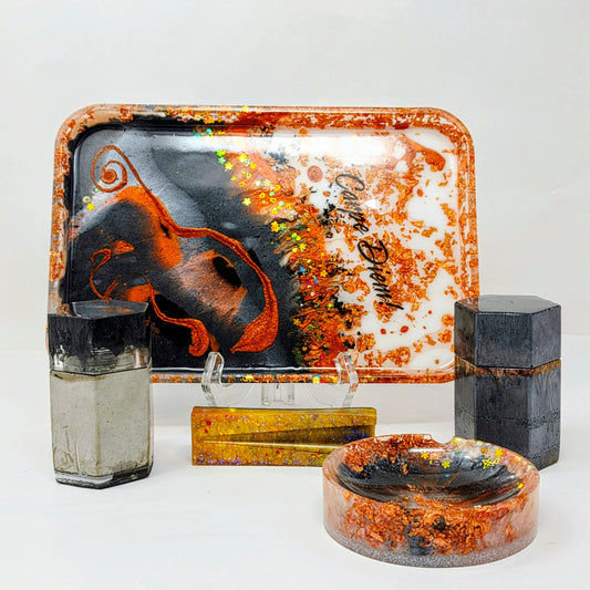 Handmade Resin Rolling Tray Set – Copper Black White Marble | Carpe Diem | 4-Piece Set with Ashtray, Jars + Pipe Rest | Savage Studio Creations