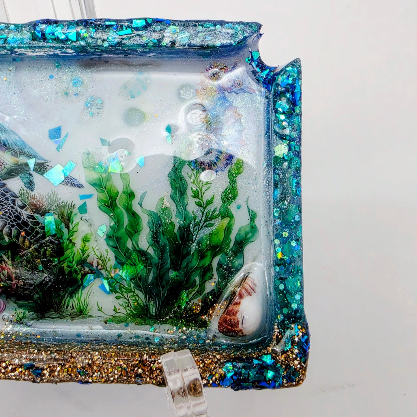 Handmade Ocean Resin Rolling Tray – Sea Turtle Coral Reef | Teal Blue Glitter Gold Sand | Hand Sized Unique Shape | Savage Studio Creations