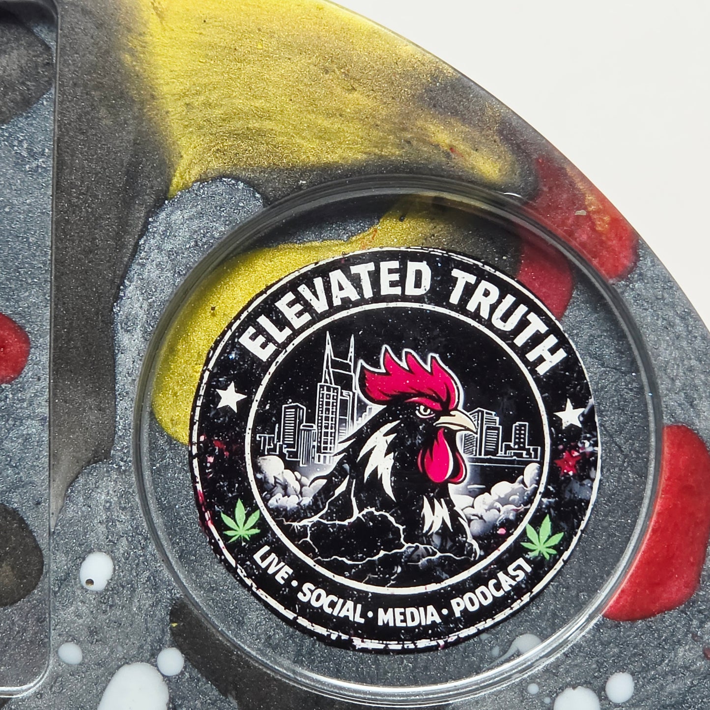 Handmade Round Resin Rolling Tray – Rooster Squad Official | Red Yellow Black Grey Liquid Metal | Elevated Truth Collector Tray | Savage Studio Creations
