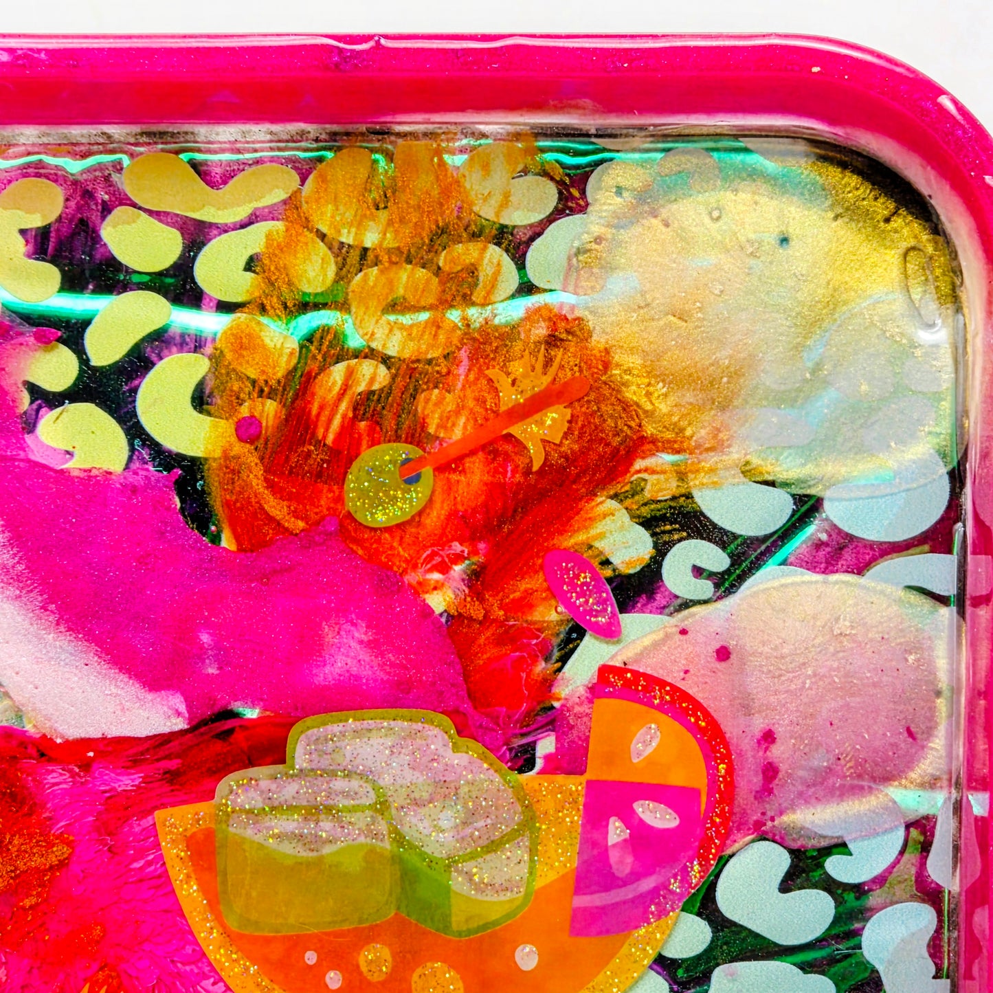 Handmade Resin Decorative Tray – On The Rocks Cocktail Party | Hot Pink Neon Green Yellow Leopard Print | Glitter Bar Tray | Savage Studio Creations