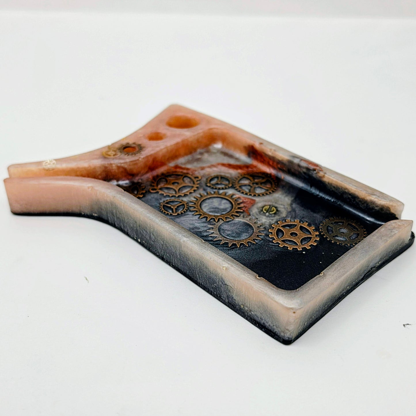 Handmade Steampunk Resin Rolling Tray – Copper Black Silver Gears | Hand Sized Unique Shape | Industrial Art Tray | Savage Studio Creations
