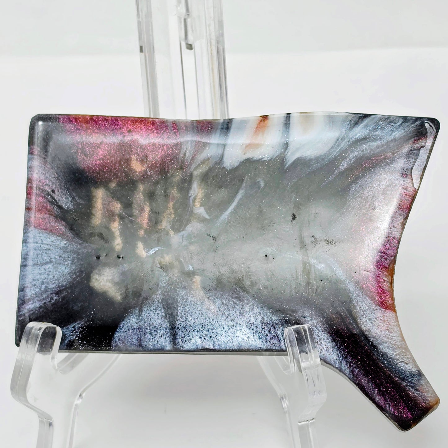 Handmade Mini Resin Tray – Burgundy Black Peach Galaxy Pour | Hand Sized Unique Shape | Catch-All Trinket Tray | Savage Studio Creations