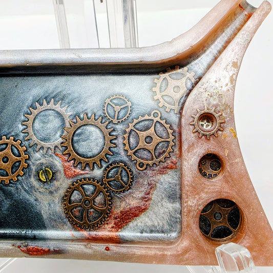 Handmade Steampunk Resin Rolling Tray – Copper Black Silver Gears | Hand Sized Unique Shape | Industrial Art Tray | Savage Studio Creations