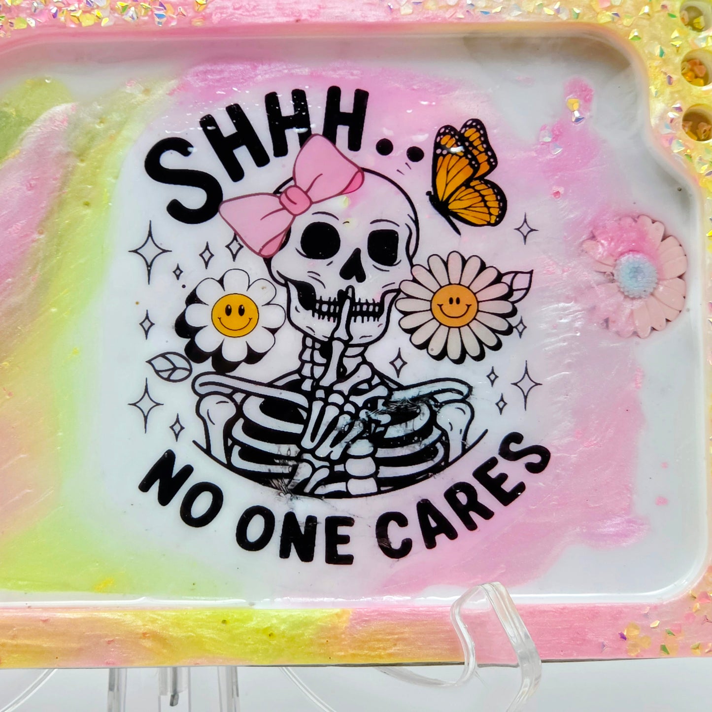Handmade Resin Rolling Tray Set – Shhh No One Cares Skeleton | Pink Yellow Black Pearl Glitter | Butterflies + Tray & Ashtray Set | Savage Studio Creations