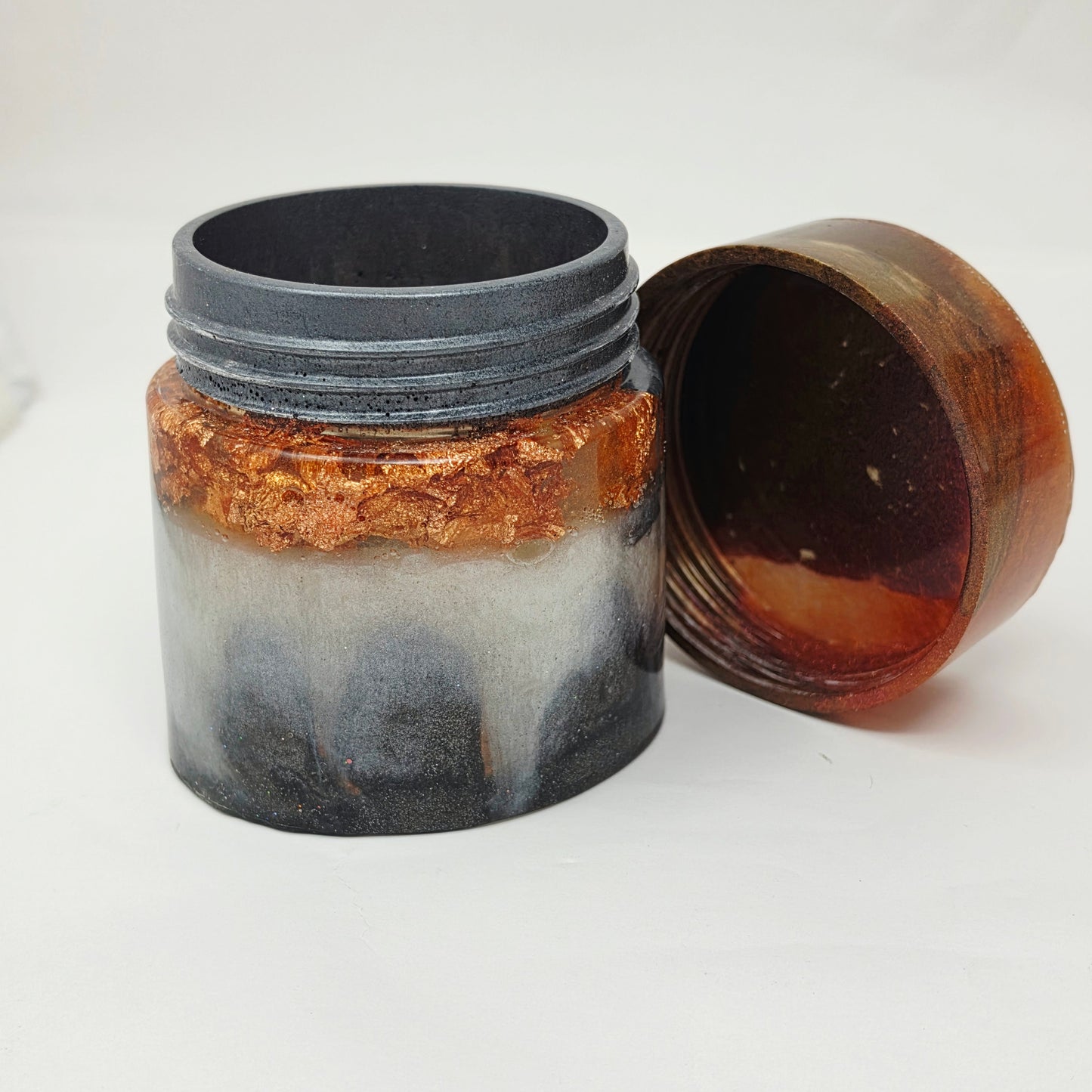 Handmade Resin Rolling Tray Set – Copper Grey White Floral | Give Without Remembering | 4-Piece with Jar Ashtray + Pipe Rest | Savage Studio Creations
