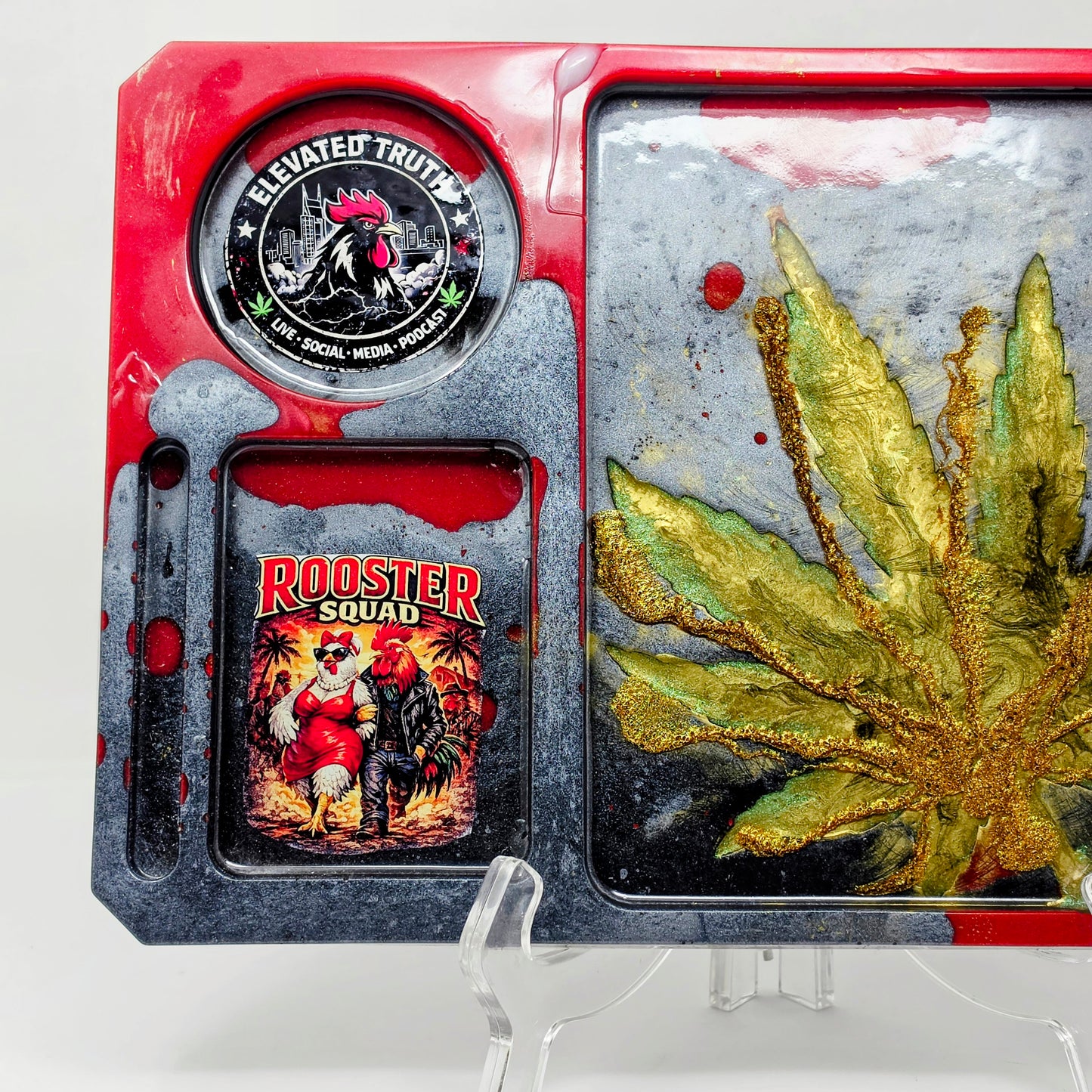 Handmade Resin Rolling Tray – Rooster Squad Official | Red Grey Black Gold Green Mica | Elevated Truth Collector Tray | Savage Studio Creations