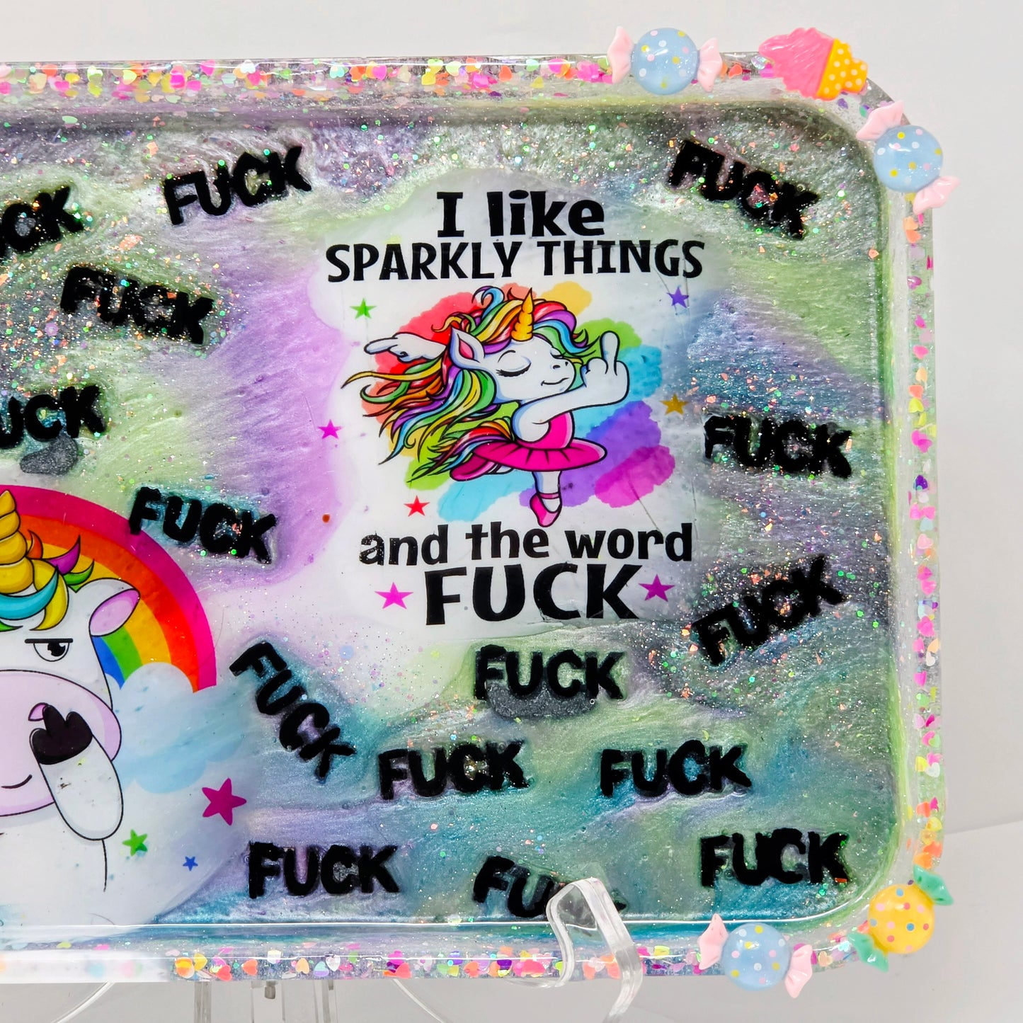 Handmade Resin Rolling Tray Set – Snarky Unicorn | I Like Sparkly Things & the Word F*ck | Neon Galaxy Tray + Ashtray | Savage Studio Creations