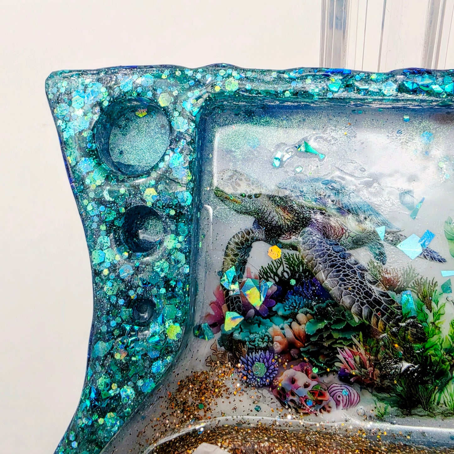 Handmade Ocean Resin Rolling Tray – Sea Turtle Coral Reef | Teal Blue Glitter Gold Sand | Hand Sized Unique Shape | Savage Studio Creations