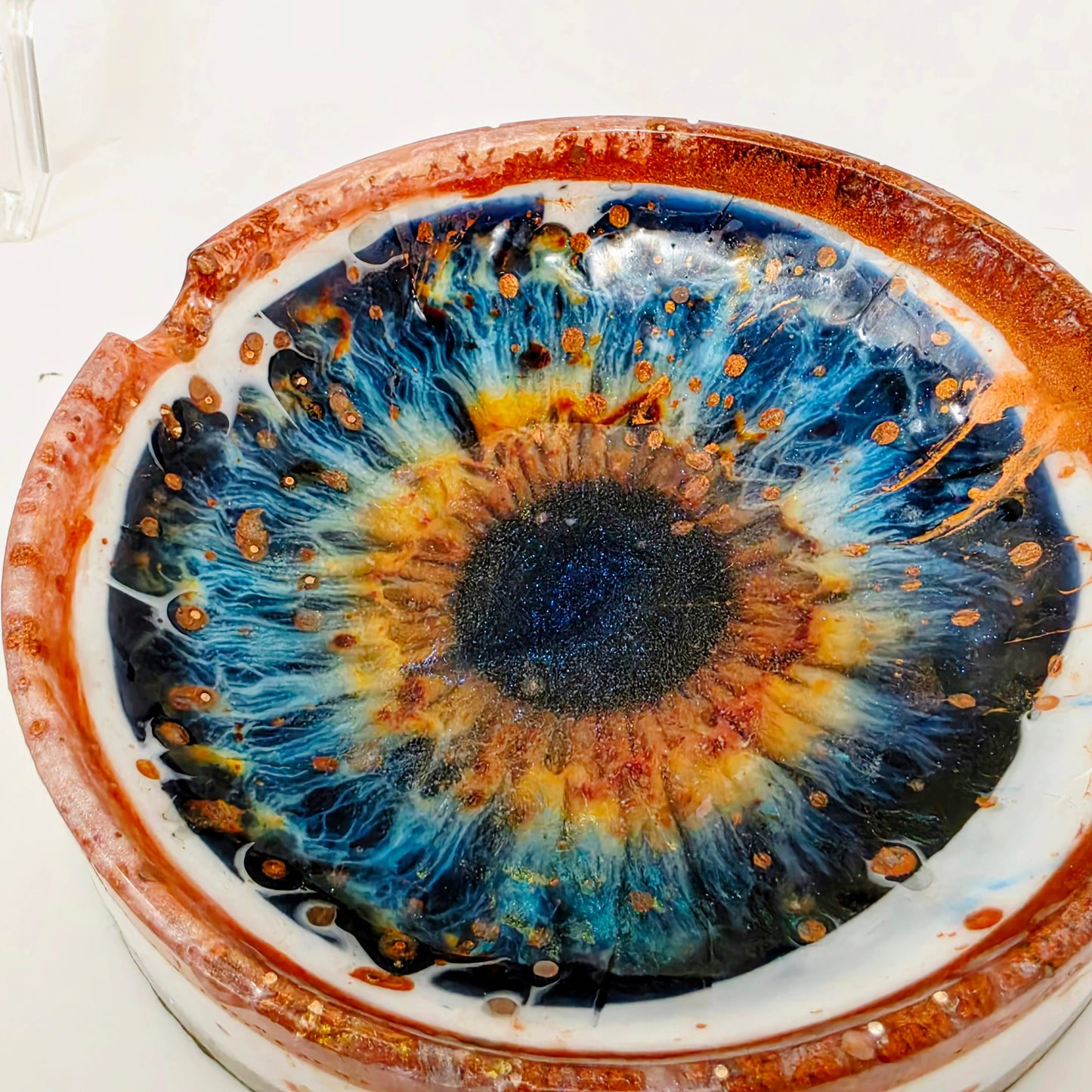 Handmade Resin Ashtray – Vivid Eye | Copper Blue Green Galaxy Iris | Round Art Ashtray | Savage Studio Creations