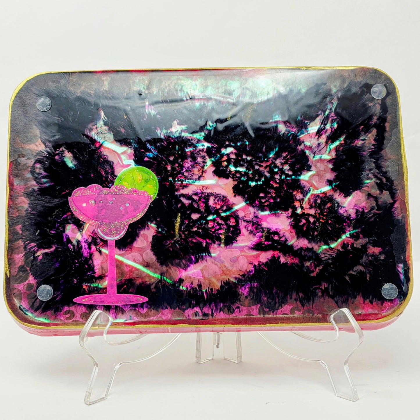 Handmade Resin Decorative Tray – On The Rocks Cocktail Party | Hot Pink Neon Green Yellow Leopard Print | Glitter Bar Tray | Savage Studio Creations