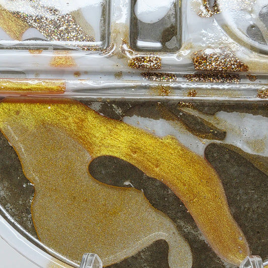 Handmade Round Resin Rolling Tray Set – Gold White Stone Mica Glitter | Divided Sections | Unique Circle Tray + Pipe Rest | Savage Studio Creations