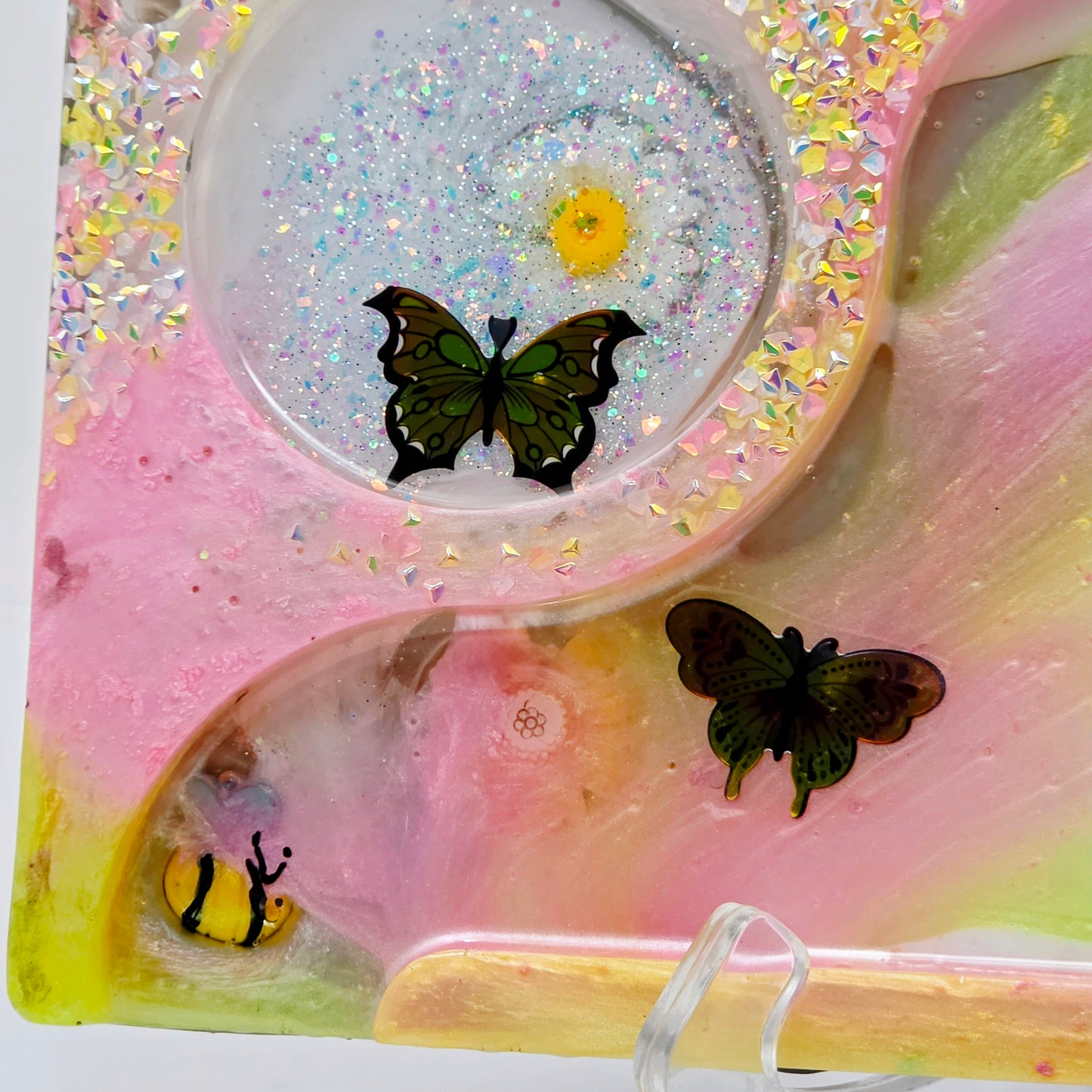 Handmade Resin Rolling Tray Set – Shhh No One Cares Skeleton | Pink Yellow Black Pearl Glitter | Butterflies + Tray & Ashtray Set | Savage Studio Creations