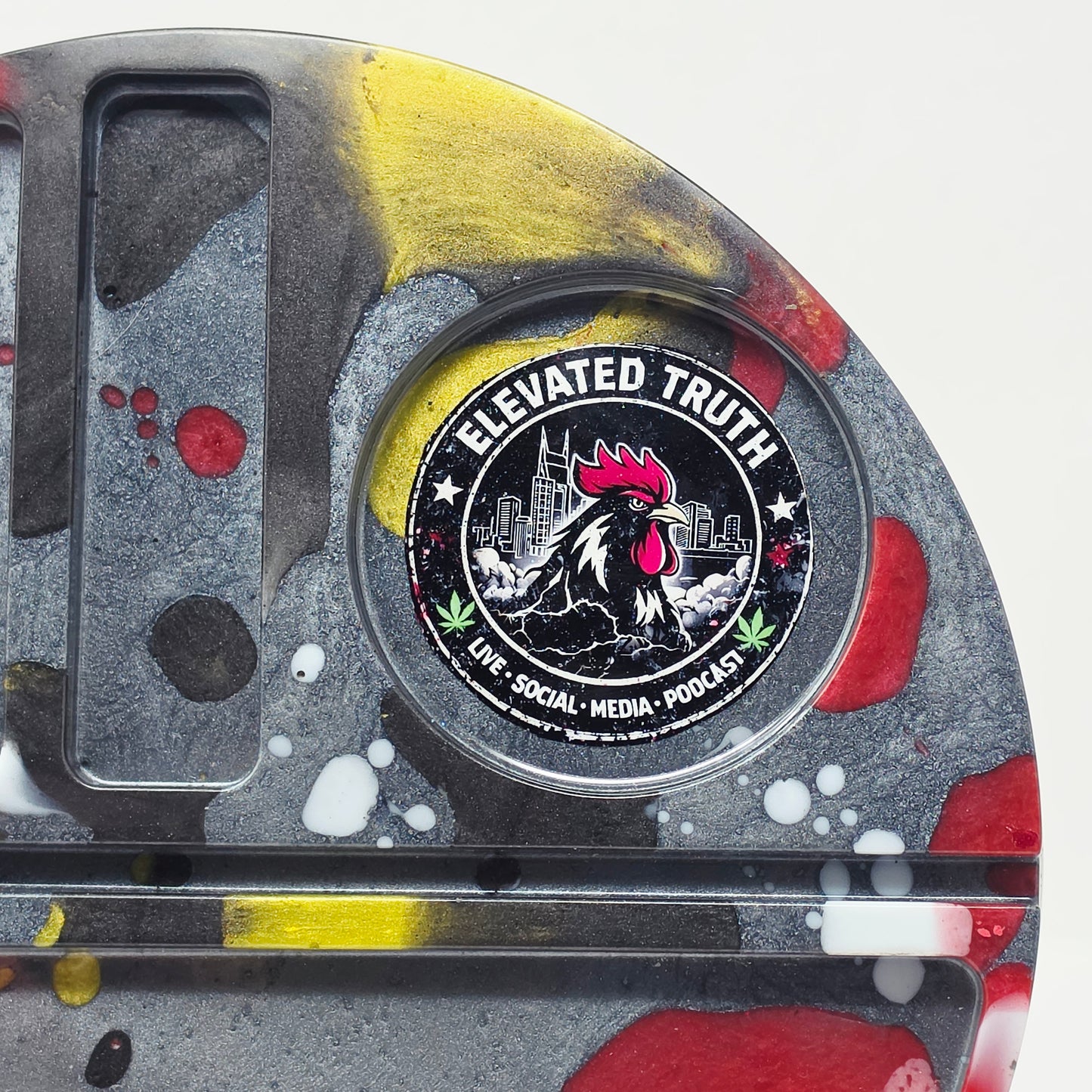Handmade Round Resin Rolling Tray – Rooster Squad Official | Red Yellow Black Grey Liquid Metal | Elevated Truth Collector Tray | Savage Studio Creations