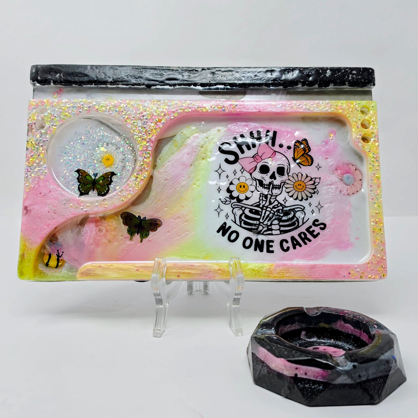 Handmade Resin Rolling Tray Set – Shhh No One Cares Skeleton | Pink Yellow Black Pearl Glitter | Butterflies + Tray & Ashtray Set | Savage Studio Creations