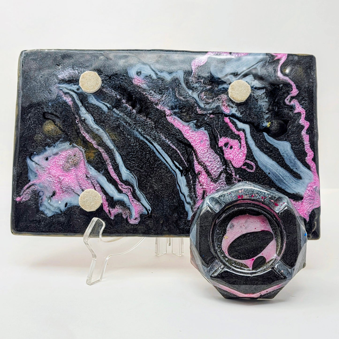Handmade Resin Rolling Tray Set – Shhh No One Cares Skeleton | Pink Yellow Black Pearl Glitter | Butterflies + Tray & Ashtray Set | Savage Studio Creations