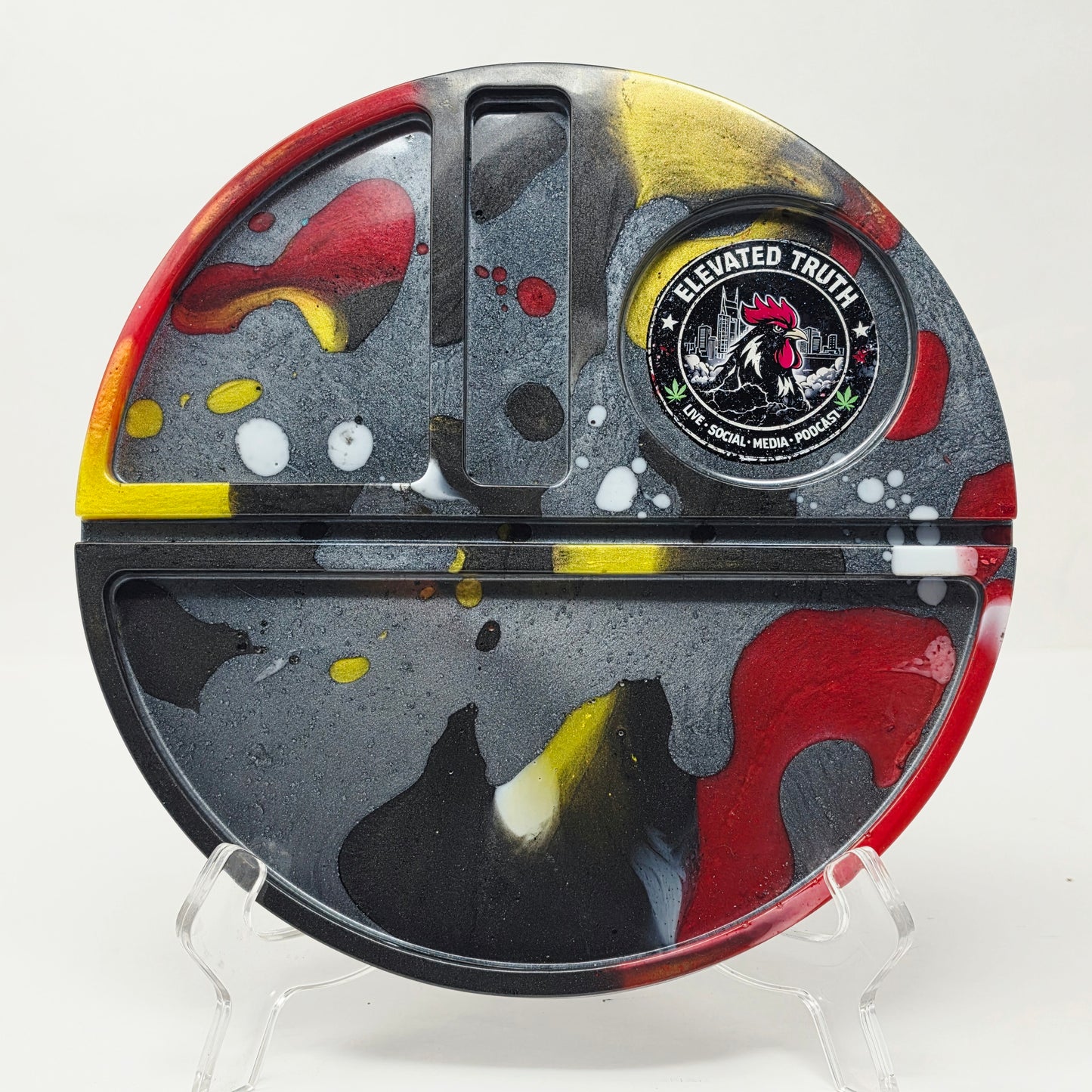 Handmade Round Resin Rolling Tray – Rooster Squad Official | Red Yellow Black Grey Liquid Metal | Elevated Truth Collector Tray | Savage Studio Creations