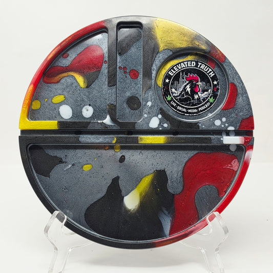Handmade Round Resin Rolling Tray – Rooster Squad Official | Red Yellow Black Grey Liquid Metal | Elevated Truth Collector Tray | Savage Studio Creations