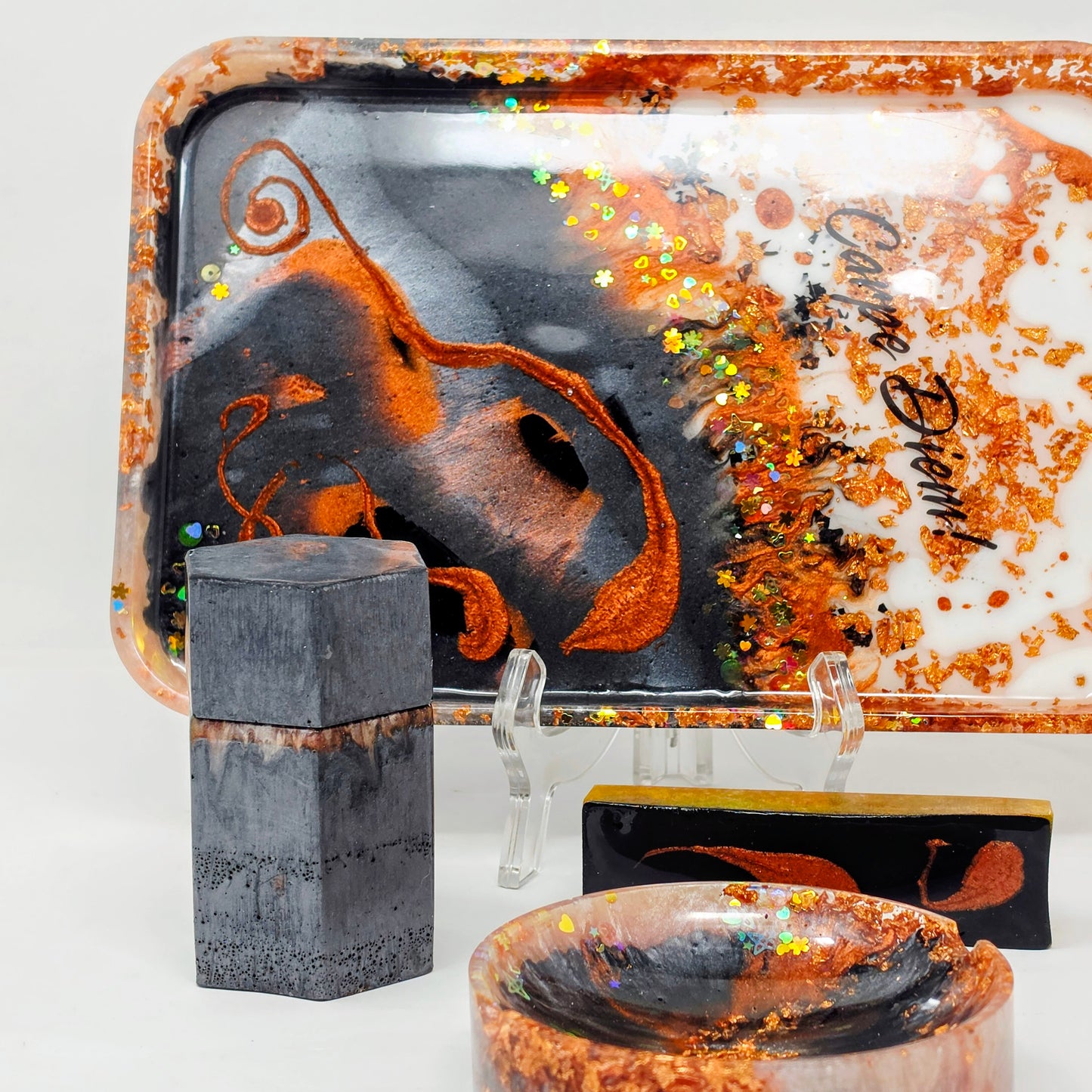 Handmade Resin Rolling Tray Set – Copper Black White Marble | Carpe Diem | 4-Piece Set with Ashtray, Jars + Pipe Rest | Savage Studio Creations