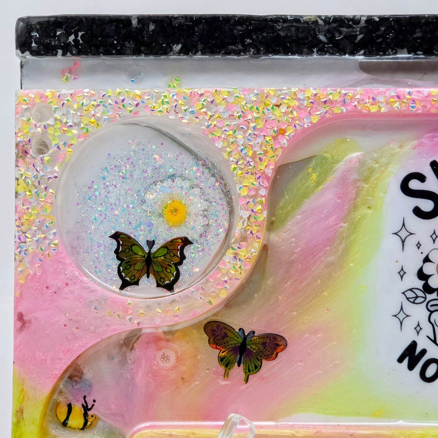 Handmade Resin Rolling Tray Set – Shhh No One Cares Skeleton | Pink Yellow Black Pearl Glitter | Butterflies + Tray & Ashtray Set | Savage Studio Creations