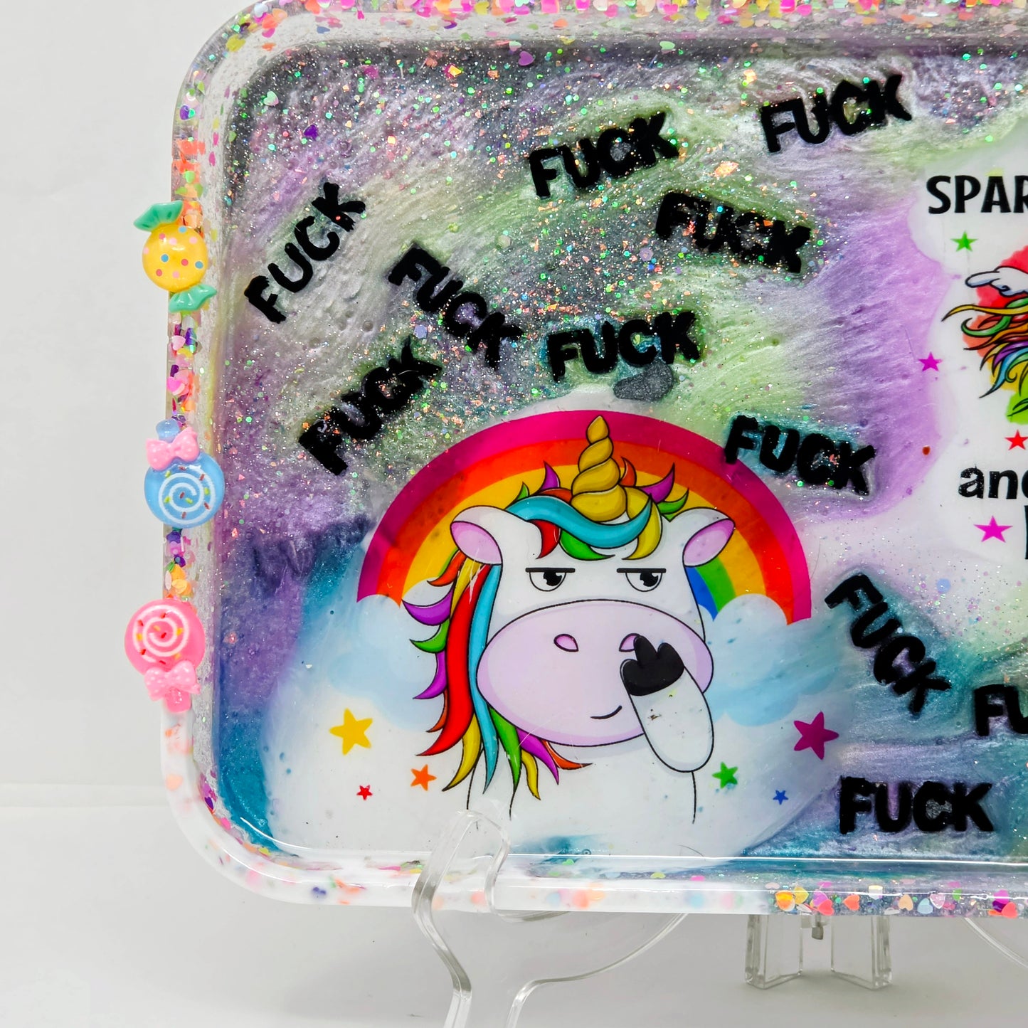 Handmade Resin Rolling Tray Set – Snarky Unicorn | I Like Sparkly Things & the Word F*ck | Neon Galaxy Tray + Ashtray | Savage Studio Creations