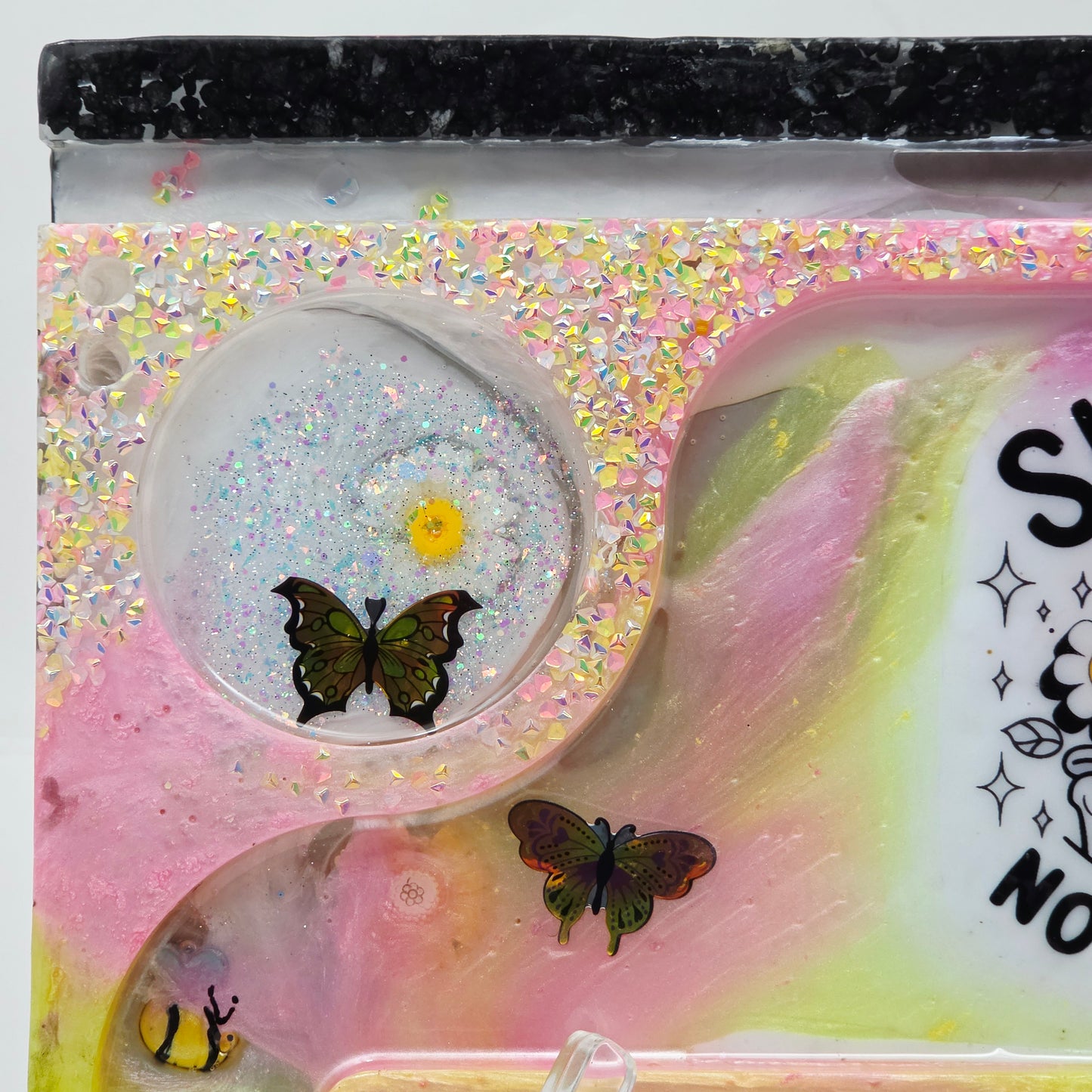 Handmade Resin Rolling Tray Set – Shhh No One Cares Skeleton | Pink Yellow Black Pearl Glitter | Butterflies + Tray & Ashtray Set | Savage Studio Creations