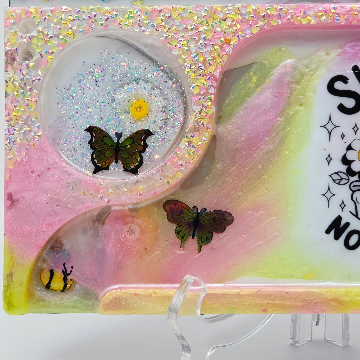 Handmade Resin Rolling Tray Set – Shhh No One Cares Skeleton | Pink Yellow Black Pearl Glitter | Butterflies + Tray & Ashtray Set | Savage Studio Creations