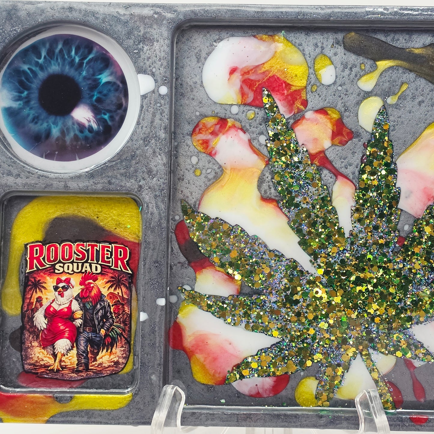 Handmade Resin Rolling Tray – Rooster Squad Vivid Eye | Green Glitter Cannabis Leaf | Red Yellow White Liquid Metal | Savage Studio Creations