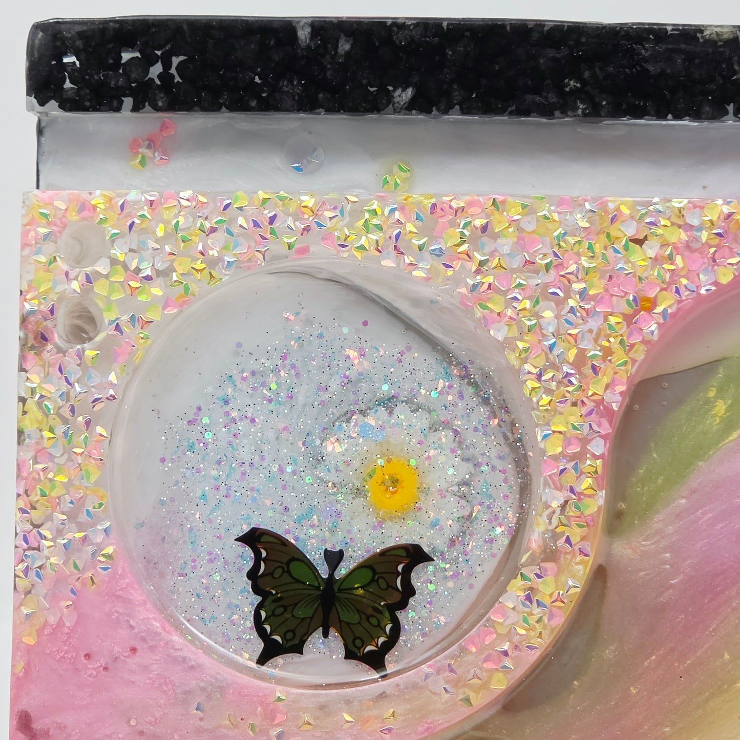 Handmade Resin Rolling Tray Set – Shhh No One Cares Skeleton | Pink Yellow Black Pearl Glitter | Butterflies + Tray & Ashtray Set | Savage Studio Creations