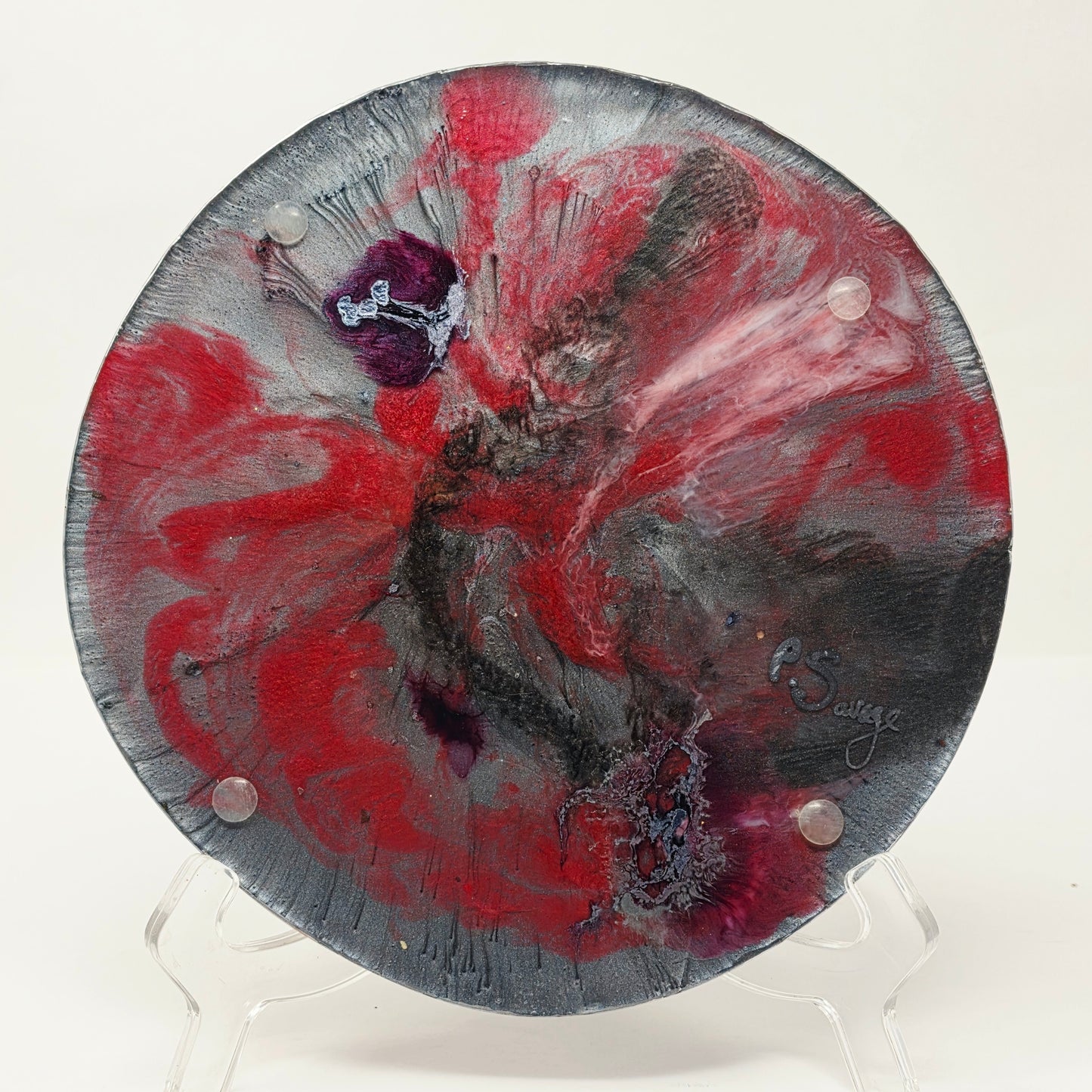 Handmade Round Resin Rolling Tray – Rooster Squad Official | Red Yellow Black Grey Liquid Metal | Elevated Truth Collector Tray | Savage Studio Creations