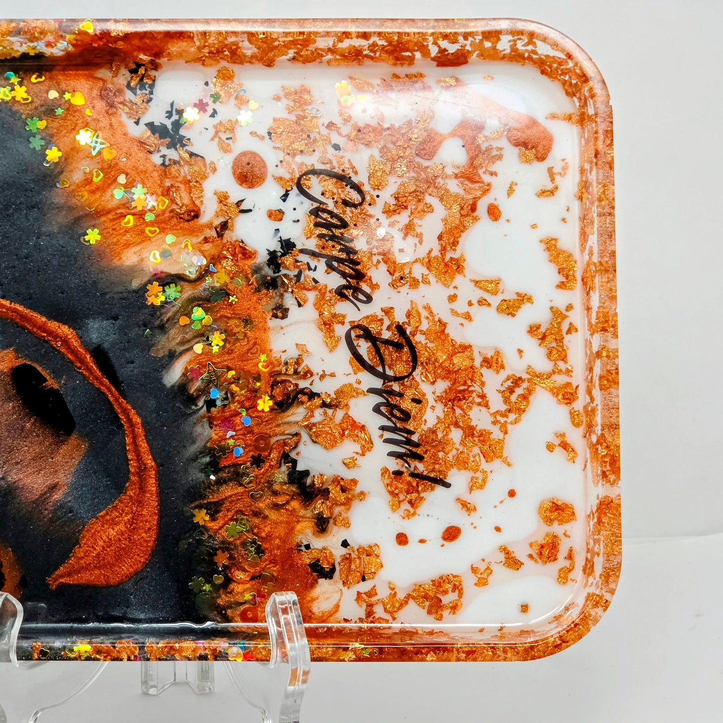 Handmade Resin Rolling Tray Set – Copper Black White Marble | Carpe Diem | 4-Piece Set with Ashtray, Jars + Pipe Rest | Savage Studio Creations