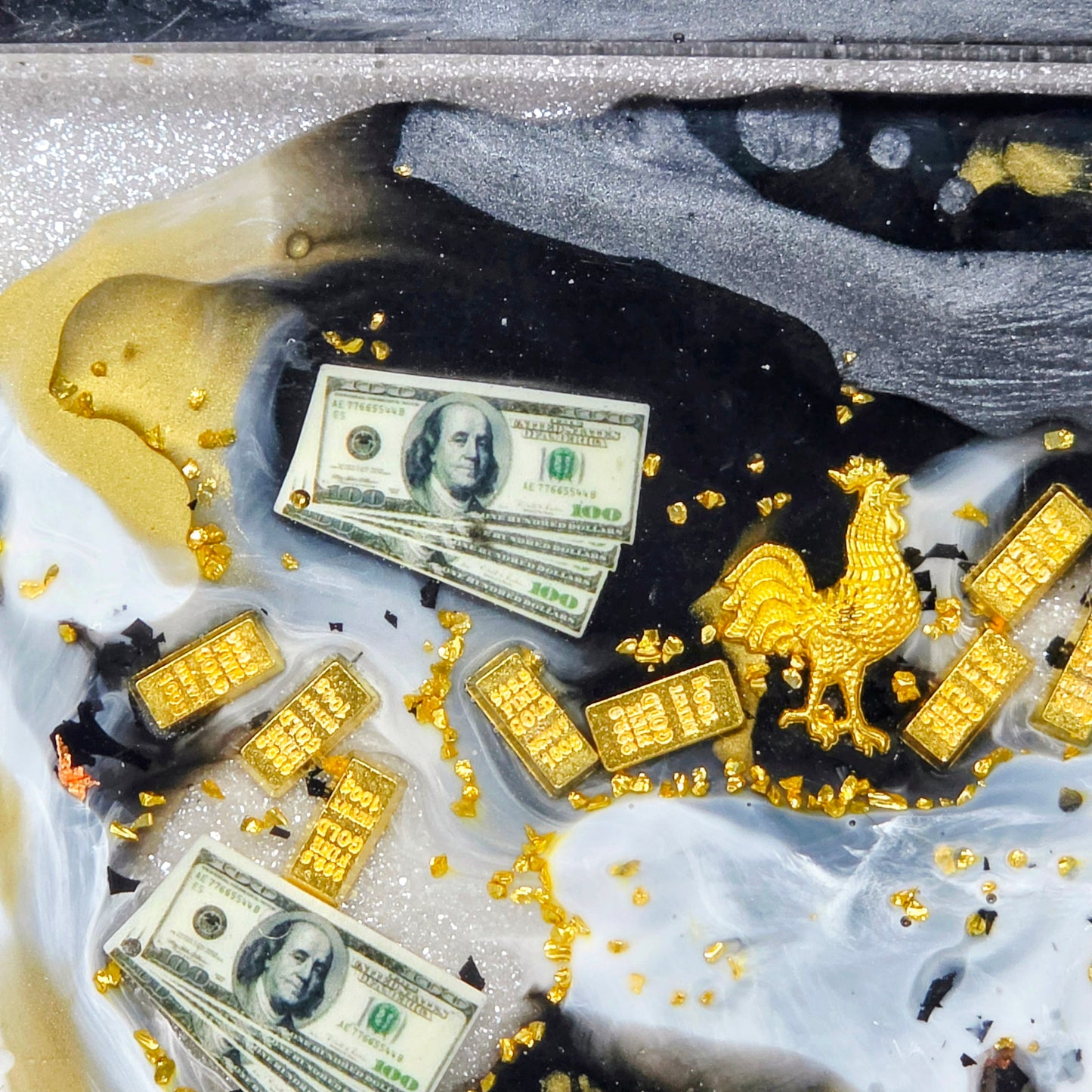 Handmade Resin Rolling Tray Set – Black White Gold Bar | $100 Bill & Gold Rooster | 3-Piece Set with Ashtray + Pipe Rest | Savage Studio Creations