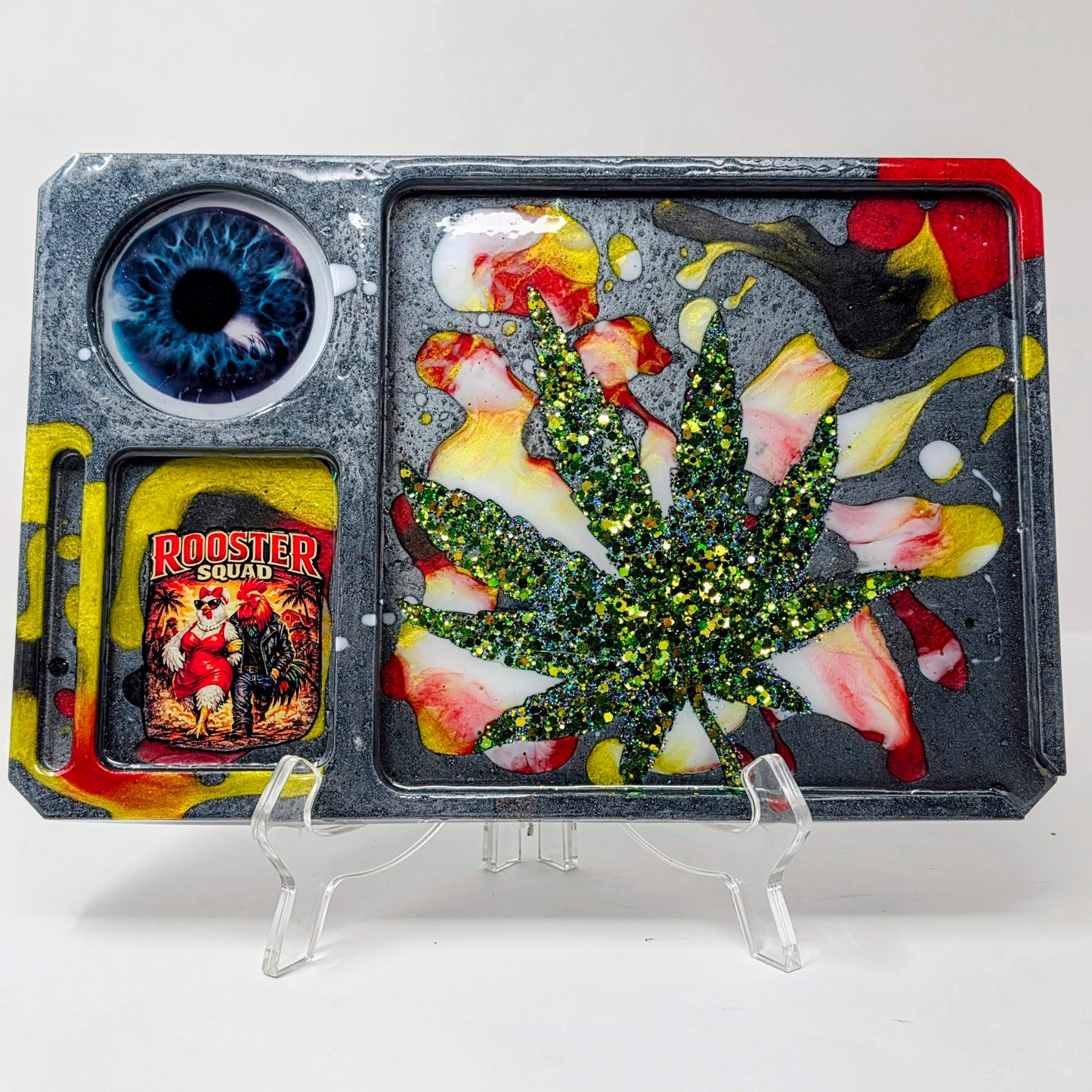 Handmade Resin Rolling Tray – Rooster Squad Vivid Eye | Green Glitter Cannabis Leaf | Red Yellow White Liquid Metal | Savage Studio Creations