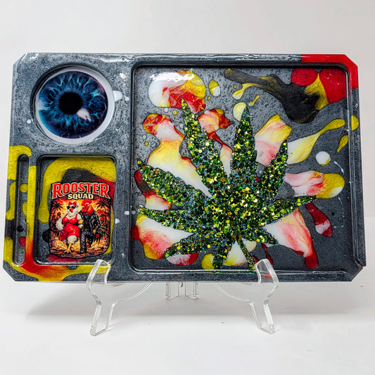 Handmade Resin Rolling Tray – Rooster Squad Vivid Eye | Green Glitter Cannabis Leaf | Red Yellow White Liquid Metal | Savage Studio Creations