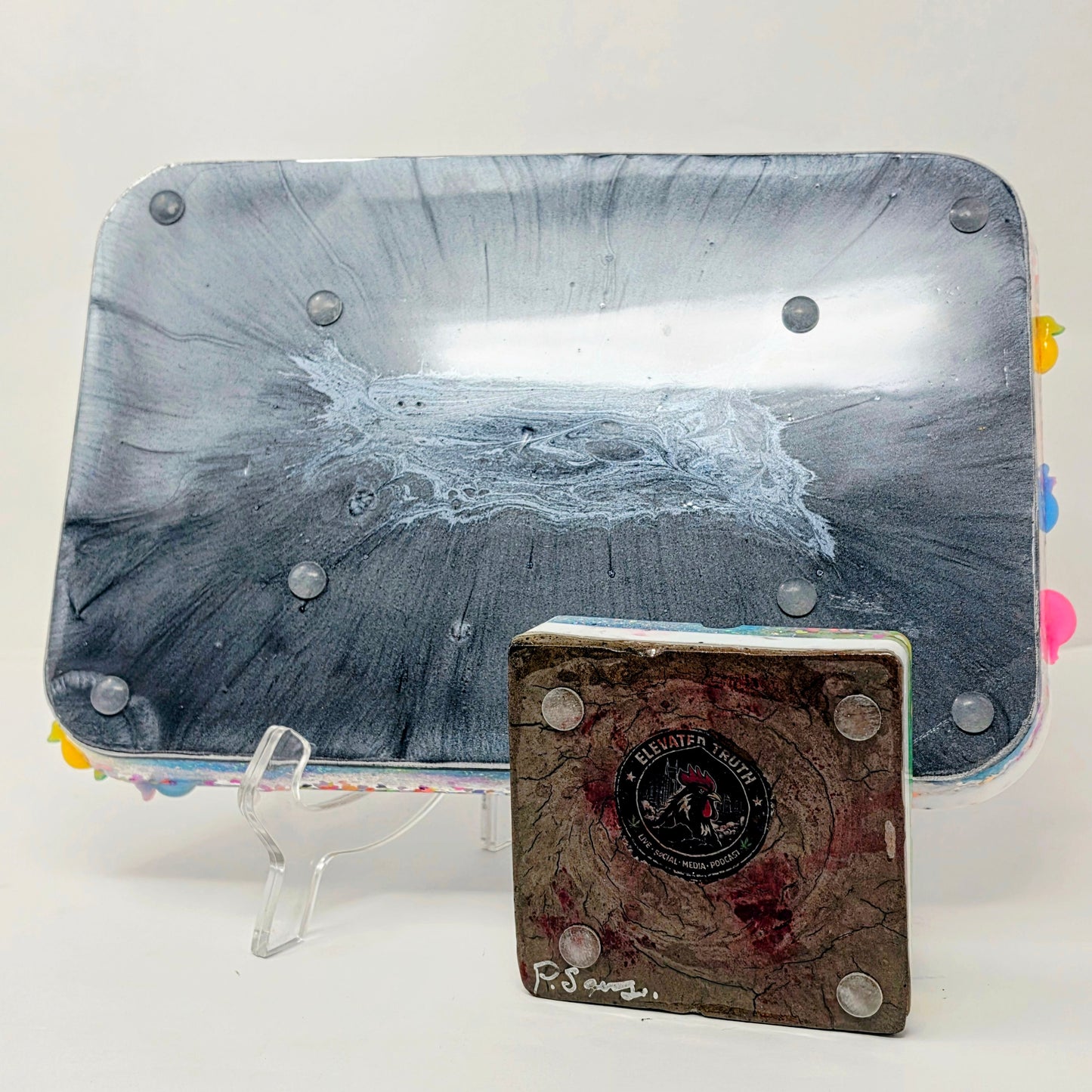 Handmade Resin Rolling Tray Set – Snarky Unicorn | I Like Sparkly Things & the Word F*ck | Neon Galaxy Tray + Ashtray | Savage Studio Creations