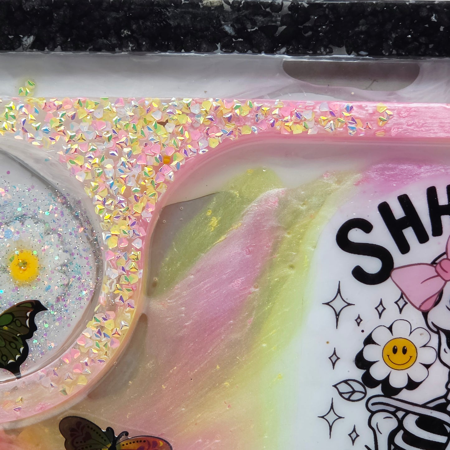 Handmade Resin Rolling Tray Set – Shhh No One Cares Skeleton | Pink Yellow Black Pearl Glitter | Butterflies + Tray & Ashtray Set | Savage Studio Creations