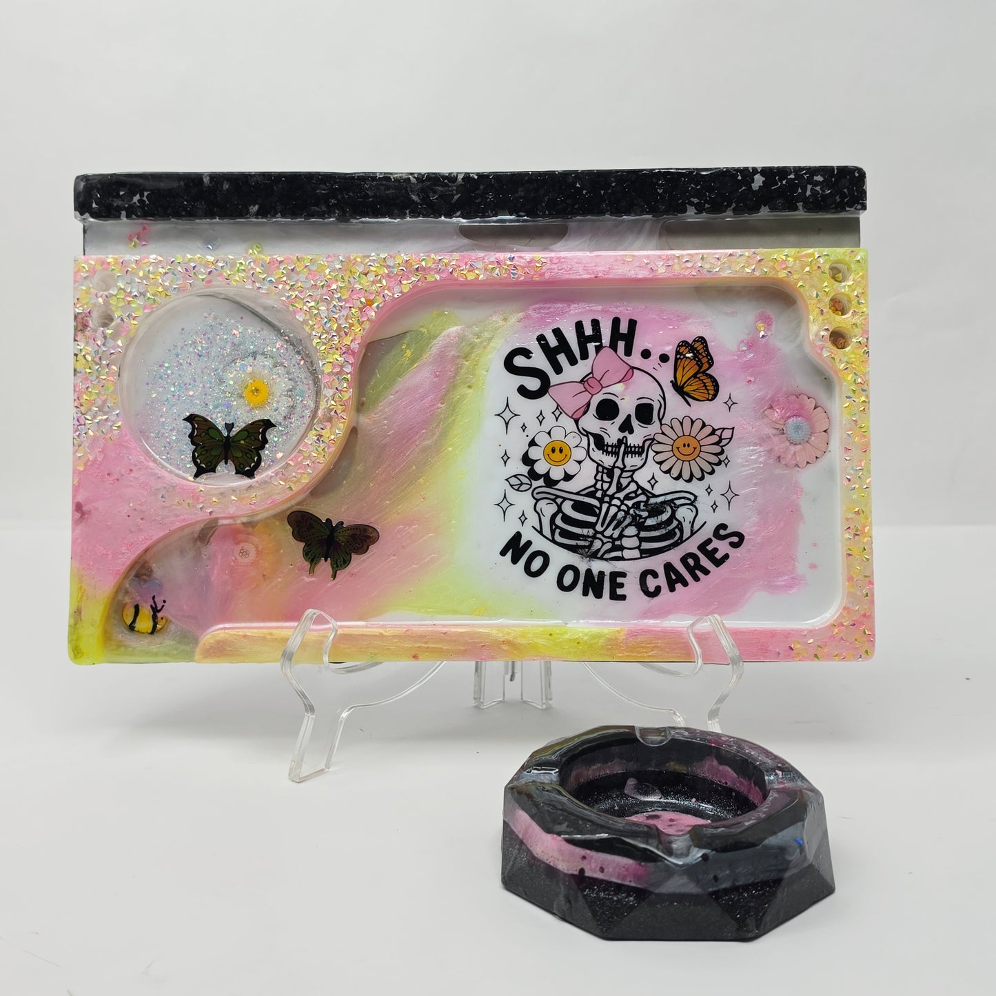 Handmade Resin Rolling Tray Set – Shhh No One Cares Skeleton | Pink Yellow Black Pearl Glitter | Butterflies + Tray & Ashtray Set | Savage Studio Creations