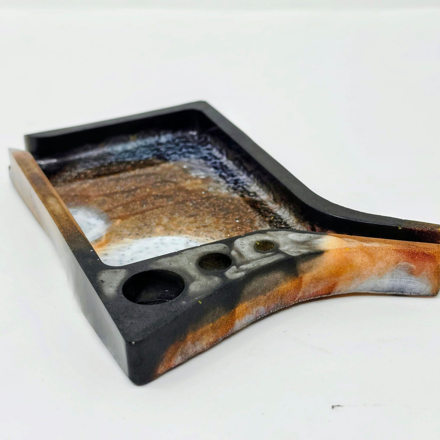 Handmade Mini Resin Tray – Burgundy Black Peach Galaxy Pour | Hand Sized Unique Shape | Catch-All Trinket Tray | Savage Studio Creations