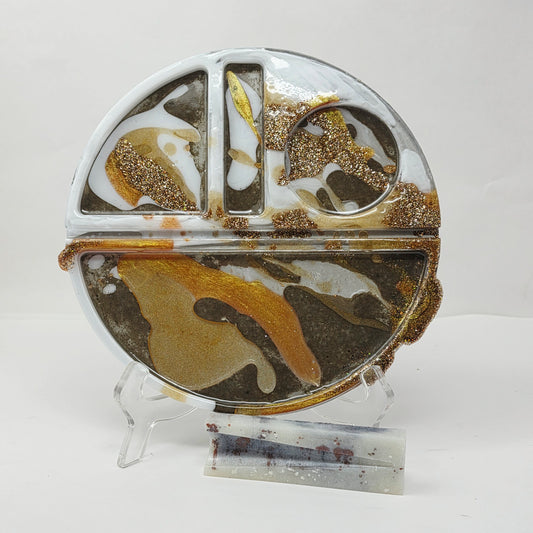 Handmade Round Resin Rolling Tray Set – Gold White Stone Mica Glitter | Divided Sections | Unique Circle Tray + Pipe Rest | Savage Studio Creations